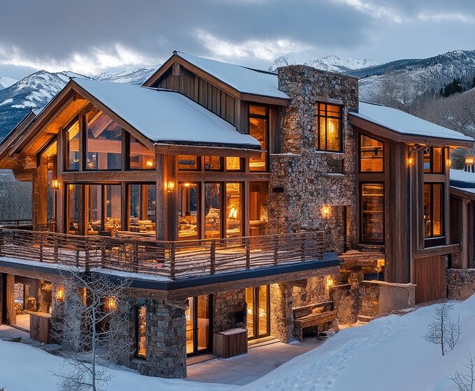 Warm modernism interior with timber ceilings and mountain views