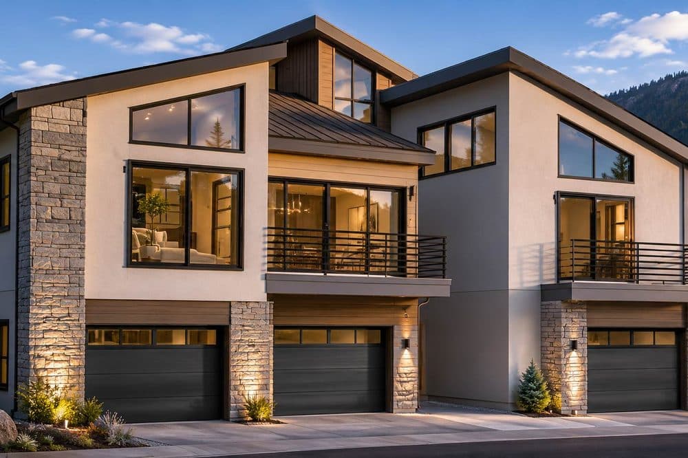 The Buckhorn Ranch residence at dusk — stone, stucco and dark metal detailing across the garage elevation