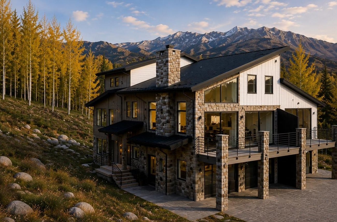 Whetstone House at golden hour — stone, timber and standing-seam metal on a sloping site above Crested Butte South