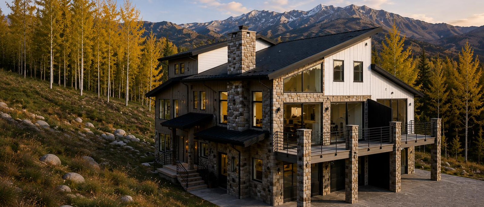 Whetstone House hillside elevation among golden aspens at sunset